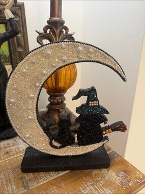 Halloween Beaded & Sparkly White Crescent Moon with Black Witch & Cat Decor